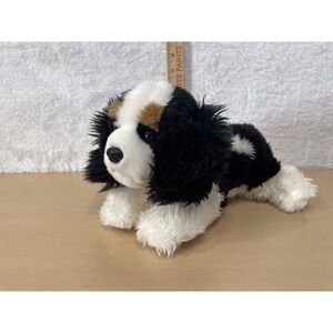 Plush Black White Tan Puppy Dog Stuffed Animal 10" Laying Soft Toy